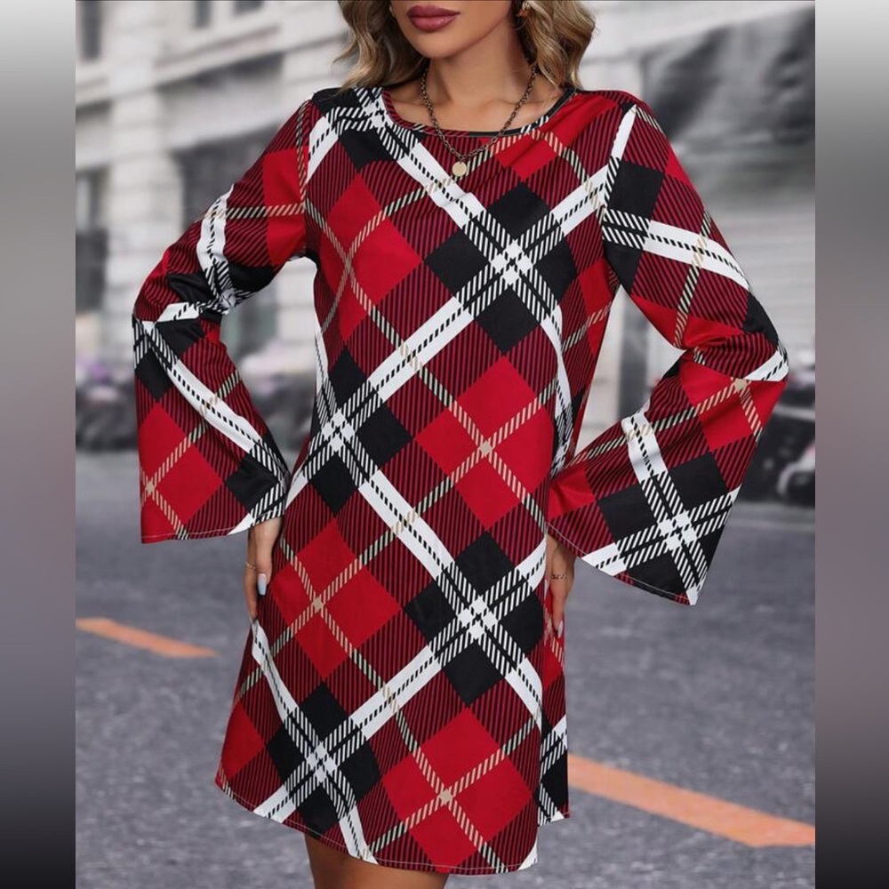 SHEIN Plaid Print Flare Sleeve Tunic Dress